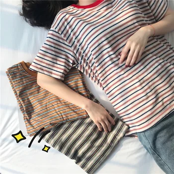 Camisetas de mujer para niñas Estudiante Harajuku Verano Nuevas camisetas de rayas sueltas Ropa femenina bežné ropa mujer