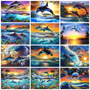 Huacan 5D DIY Diamond Maľby Plné Námestie Dolphin Art Kit Diamond Výšivky Mozaiky Zvierat Dekorácie Domov