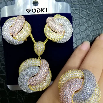 GODKI Luxusné 3KS Krúžok Náhrdelníky Náušnice Sady Kubický Zirkón Krištáľové Šperky Set Pre Ženy, Svadobné Indickej Dubaj Svadobné Šperky Set