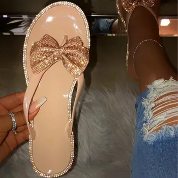2020 Ženy, Luk Flip-Flops Flash Vŕtanie Flitrami Papuče Pláž Byty Dážď Jelly Dom Topánky Žena Listov Zapatos De Mujer