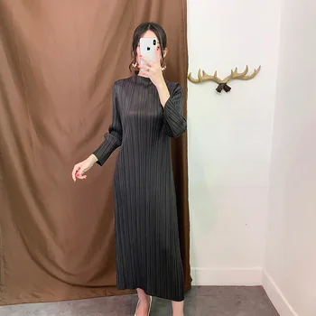 LANMREM 2020 nové turtleneck plné rukávy pulóver elastické skladaný vintage japonsko štýly ženské šaty vestido WJ98001