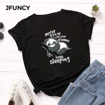 JFUNCY Krátky Rukáv dámske Bavlnené Košele Plus Veľkosť T-shirt Nové Kreslené Panda Tlač Žena Tričko Lete Ženy Topy Ženský Čaj