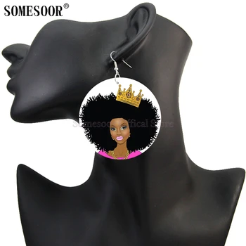 SOMESOOR Melanínu, Poppin Čierny Dievča Gang Drevené Náušnice Kvapka Afro Kráľovná Cruly Vlasy Dizajn Tlačených Dreva Visieť Pre Ženy, Darčeky