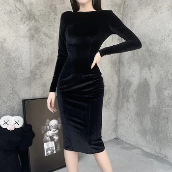 InsDoit Goth Velvet dámske Šaty s Dlhým Rukávom Obväz Backless Bodycon Šaty Žien Vintage Elegantné Party Šaty Gothic Oblečenie