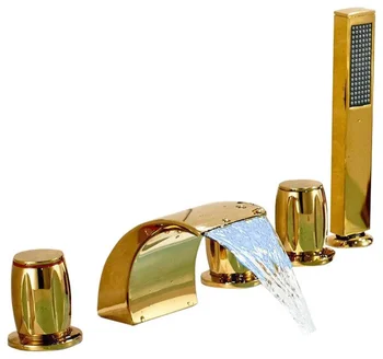 LED Svetlo Zlatá Platňa Kúpeľni Vaňa Kohútik Tri Rukoväte Ťuknite na položku Zmiešavač s Ručnou Sprchou