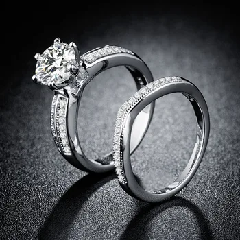 Huitan Klasické 2PC Svadobný Prsteň s Round Briliant Cubic Zirconia Večnosti Šperky, Zásnubné Prstene pre Ženy & Priateľku