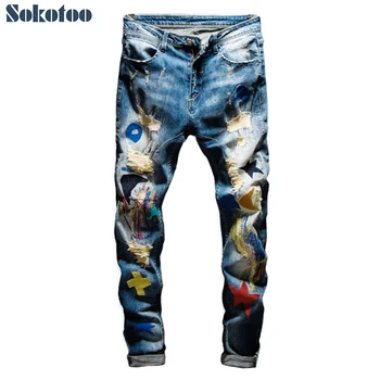 Pánske farebné patchwork roztrhané džínsy módne Trendy patch dizajn výšivky denim stretch nohavice Slim rovné nohavice