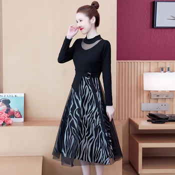 COIGARSAM 5XL Plus Veľkosť Patchwork Ženy jednodielne šaty kórejský Tlač Oka Vysoký Pás Šaty 6350