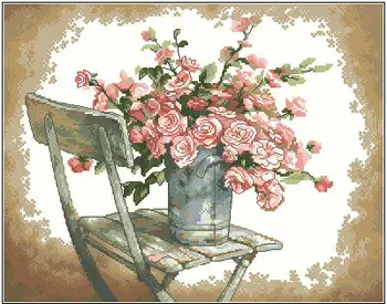 Kvalitné Krásne Počíta Cross Stitch Auta Ruže na Bielej Stoličke Ruže Kvet Kvetov Dim 35187