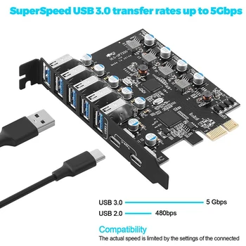 PCI-E na USB 3.0 7-Port Rozširujúca Karta, slot karty PCI Express USB 3.2 Pridať na Kartu, Interná USB3 Hub Converter pre Stolné PC