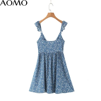 AOMO módne ženy kvetinový tlač plážové šaty popruh bez rukávov backless ženy mini šaty vestidos SL247A