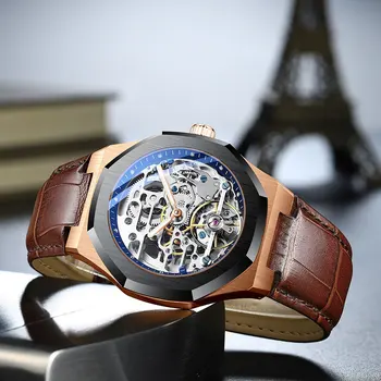 2020 nové APNUONR hodinky pánske mechanické hodinky automatic duté kožený opasok nepremokavé pánske hodinky hodinky značky