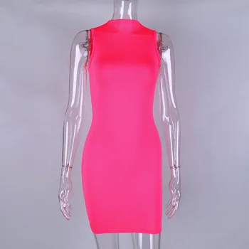 OMSJ Lete Neon Ružová bez Rukávov Mini Šaty Bodycon Sexy Fashion Party Clubwear Chudá Pevné Slim Basic 2020 Horúce Nové Šaty