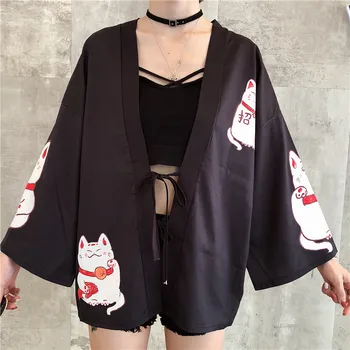 Harajuku Ženy Kabát Japonský Šťastie Mačky Tlač Letné Voľné Rukávy Kimono Tenkú Vrstvu Oblečenia Ženy