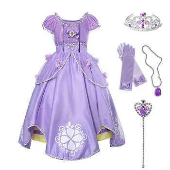 Členok Dĺžka Kvetované Purple Maxi Šaty pre Dievčatá Princezná Sofia Cosplay Kostým Narodeninovej Party hranie Rolí Sofia Prvý Zdobiť
