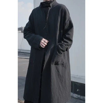 [TMAVÉ] Yoji Yamamoto Tmavo Čierny Dizajn Textúra Bavlny A Ľanu Nika Rozštiepené Strednej dĺžky Hrubý Kabát Bunda