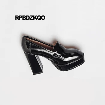 Platforma nové originálne kožené blok ženy vysoké podpätky 2019 víno červené akostné patent európskych dizajnérov obuv black čerpadlá štvorcové prst