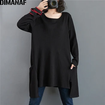 DIMANAF Plus Veľkosť T-Shirt Ženy Oblečenie s Dlhým Rukávom Topy, Tuniky Tees Tričko Basic Bavlna Pletenie Voľné Jeseň tričko Vrecká