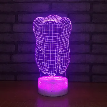 Zub Tvar 3D Ilúziu LED stolná Lampa Acyklické 7 Zmena Farby Zubov 3D Nočné Svetlo Biele Dotyk Swith Pre Kis Darček