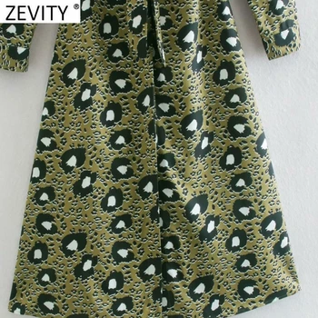Zevity Ženy Vintage Zase Dole Golier Leopard Tlač motýlik Krídla Tričko Šaty Femme Dlhý Rukáv Bežné Slim Midi Vestido DS4945
