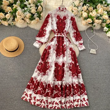 Ženy Európskej Elegantné Vintage Šaty Jeseň Kontrast Farebný Kvetinový Vytlačené Lístkového Sleeve Stand Golier Split Dlhé Šaty Vestidos PL411