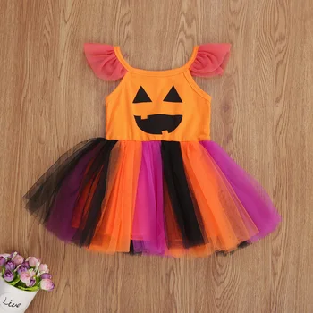 2020 Letné Baby Dievčatá Halloween Oblečenie Lietania Rukáv Cartoon Tekvica Tlač Šaty Multicolor Oka Šaty 0-4t-taktné Oblečenie