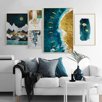 Gold List a Horské Abstraktné Wall Art Plátne, Plagát, Tlač Nordic Dekoratívny Obraz, Maľba Moderná Obývacia Izba Domova