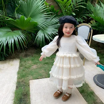 Jeseň Nový Príchod kórejský štýl dlhý rukáv fashion predaj hot princezná dievča čipky tortu dlhé šaty pre roztomilé sladké dieťa dievčatá