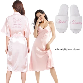 Osobné Meno Svadba Nevesta Nightgown Sady 2 Kusy Nightdress Ženský Župan Satén Kimono Sleepwear Ružové Šaty Oblek