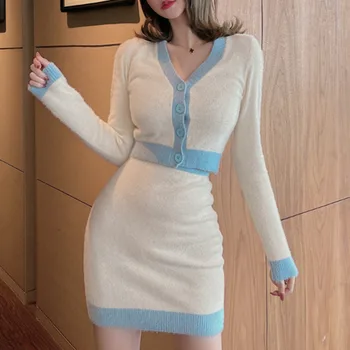 2020 Klesnúť Witner Vintage Kórejský Elegantný Pletený 2 Dielna Sada Ženy Plodín Top Sveter Cardigan +Mini Sukne, Obleky, Ženy Dva Kus Oblečenie
