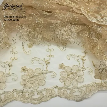 Celoplošný Zlatom Vyšívané Čipky Textílie, Čipky a Tylu Zlaté Kovové Tkaniny pre dámske Šaty 120 cm