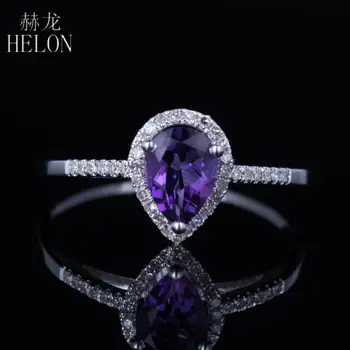 HELON 925 Sterling Silver 7X5MM Hruška Skutočné Prírodné Ametyst & Diamanty, Zásnubný snubný Prsteň Ženy Trendy Jemné Šperky Krúžok