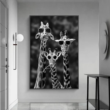 Vtipné Žirafa Rodiny s Okuliare Plátno Plagáty a Vytlačí Čiernej a Bielej Zvieratá Obrazy na Stenu Umenie Obrázok Cuadros