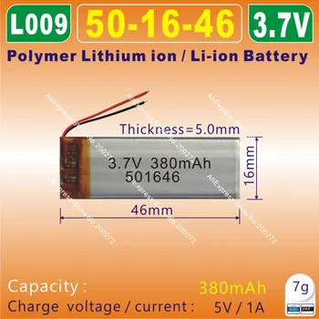5 ks [L009] 3,7 V,380mAH,[501646] PLIB;polymer lithium ion / Li-ion batéria pre mp3 prehrávač,hlasový záznamník pero,inteligentné hodinky,MP4,reproduktor