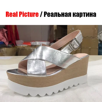 DORATASIA 2020 Nové Letné Ženy Hrubé Platformu Sandále Patent pravej Kože Dievča Módne Letné Topánky Žena Kliny Obuv