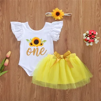 Novonarodené Dieťa Dievčatá 1. Narodeniny Oblečenie Prehrabať Krátky Rukáv Kvetinový Kombinézu + Žltá Tutu Sukne hlavový most Oblečenie Sady