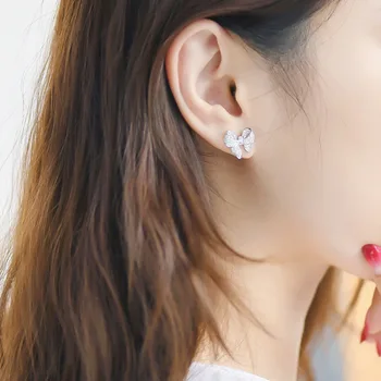 Luxusný Trblietavý Bowknot Strieborná Farba Stud Náušnice pre Ženy Móda kórejský Zirkón Kameň Náušnice Šperky Svadobný Dar