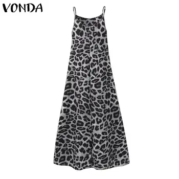 VONDA 2021 Letné Šaty Sexy Rukáv Popruh Vintage Leopard Vytlačené Swing Maxi Dlhé Šaty Príležitostné Voľné Vestidos Plus Veľkosť Oblečenie