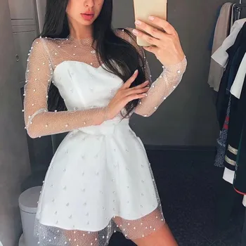 2020 Sexy Ženy, Gáza Dlhý Rukáv Slim Fit Strany Biele Šaty Elegantné Dámy Banquet Sequined Plesové Šaty, Letné Mini Šaty