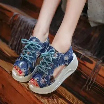 2020 nové letné dámske ležérne sandále farby zodpovedajúce denim plátno ryby úst wild hrubé dno športové čipky duté Roman topánky c