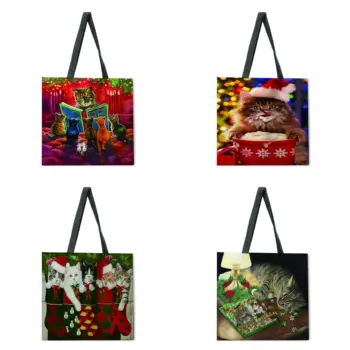 Vianočné mačka tlače tote bag bielizeň textílie taška na bežné skladací nákupní taška vonkajšie plážová taška každodenné kabelka