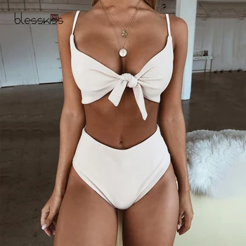 Blesskiss Sexy Vysoký Pás Bikini 2021 Ženy Plavky Uzol Okolo Brazílske Plavky Plávanie Oblek Pre Dámske Plavky Bielej