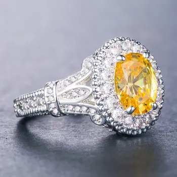 USTAR Luxusné Veľké Žlté Oválne Cubic Zirconia Snubné Prstene pre ženy CZ Kryštály, strieborná farba Prst Zásnubné Prstene Žena Anel