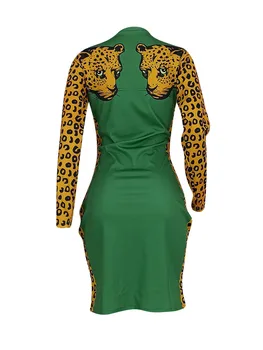Joskaa Jeseň Y2k Ženy Bežné Ulici Leopardí Vzor Zelené Tenké Šaty S Dlhým Rukávom Turtlrneck Chudá Midi Šaty, Sexy Vestidos