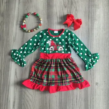 Girlymax dievčatká zelená sukňa dievčatá Vianočné šaty dievča, darček auto šaty s lukom a náhrdelník