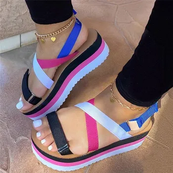 Letné Sandále Ženy Kliny Platformu Dámy Konope Topánky Dámske Candy Farby Bežné Dievčatá Pošmyknúť Na Popruh Kríž Dievčatá Plus Veľkosť