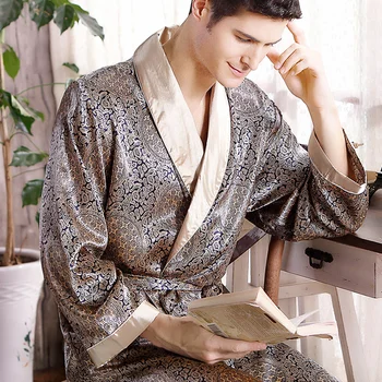 Plus Veľkosť Šaty, L-XXXL Mužov Kimono Župan Luxusné Nightgown Hodvábny Satén Domov župane Dlhý Rukáv Tlač Muž Sleepwear