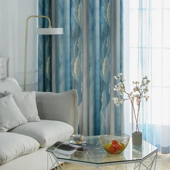 Jednoduché bohémsky štýl gradient modré pruhované s list domov textúra závesy pre obývacia izba high-grade zatmenie spálňa MY450#4