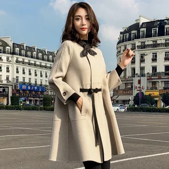 Zimné Vlny Kabát Ženy Vintage Koberčeky Houndstooth Kórejský Štýl Plášť Dizajnér Hrubé Vlnené Dlhý Rukáv Dráhy Outwear Plus Veľkosť