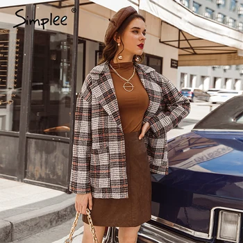 Simplee Bežné kockovaný kabát pevné dlhý rukáv Klope ženy kabát High street style sako kabát office dámy krátke dĺžky srsti 2020